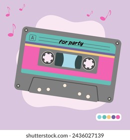 Audio cassette of 90's. 90 style illustrations in flat design.Vector illustration.
