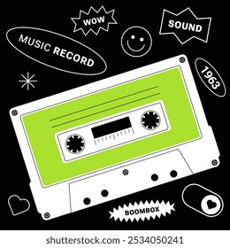 Audio cassette, 90s retro style, Nostalgic Square composition in Minimalist aesthetics cassette. Vintage graphic elements isolated, futurism. Y2k device. flat design. Monochrome vector illustration