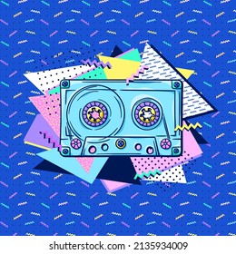 Audio cassette 90s style poster. Retro cassette for boombox or portable music player. Music album. 1990s trendy illustration. Nostalgia for the 90s.