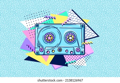 Audio cassette 90s style poster. Retro cassette for boombox or portable music player. Music album. 1990s trendy illustration. Nostalgia for the 90s.