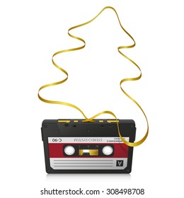 Audio Cassette with Abstract Curved Golden Tape and White Background - Old Retro Compact Cassette - Fir Tree Shape