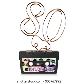 Audio Cassette with Abstract Curved Tape - The Eighties - 80s Text Silhouette - on White Background - Vector Illustration