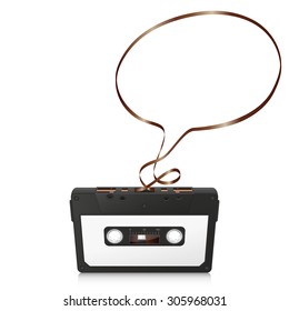 Audio Cassette with Abstract Curved Tape - Speech Bubble Silhouette - on White Background - Vector Illustration