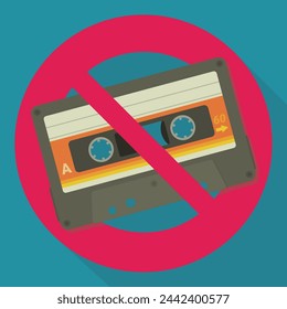 Audio cassette ban on blue background with long shadow in flat design style