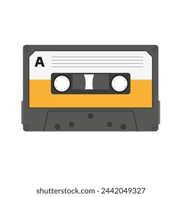 An audio cassette with a blank sticker and a space for text. Isolated on a white background.