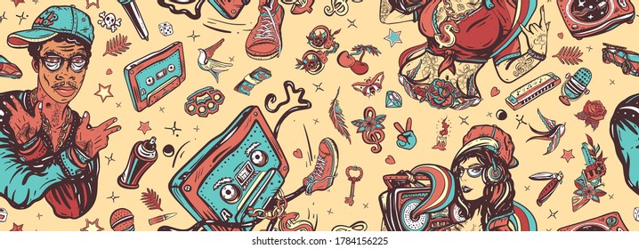 Audio Cassette, Break Dance Art. Street Ghetto Lifestyle. Pop Culture Musical Background. Rap Music Seamless Pattern. Old School Tattoo Style. Hip Hop Girl, Swag Woman. African American Man Rapper 