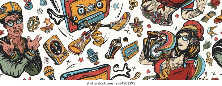 Audio cassette, break dance art. Street ghetto lifestyle. Pop culture musical background. Hip hop girl, swag woman. African American man rapper. Rap music seamless pattern. Old school tattoo style