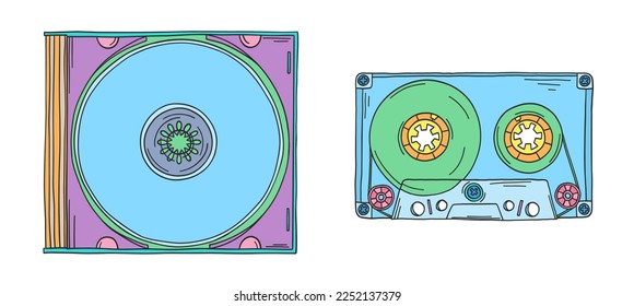 Audio cassette and CD disk doodle. 2000s audio cassette. Y2k trendy illustration. Cassette and CD disk for boombox. Millennial childhood technology. 90s and 2000s.