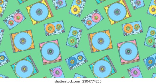 Audio cassette and CD disk pattern. 2000s audio cassette. Y2k wallpaper. CD disk for boombox. Nostalgia for the 90s and 2000s.