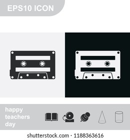 Audio cassette flat black and white vector icon.