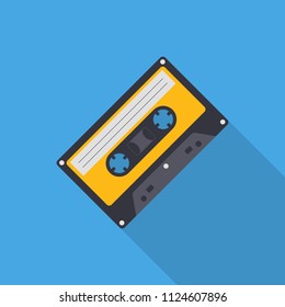 Audio cassette flat icon with long shadow isolated on blue background. Simple 
cassette sign symbol in flat style. Music element Vector illustration for web and mobile design.