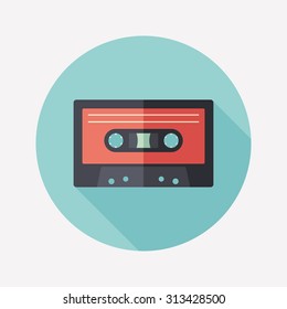 Audio cassette flat round icon with long shadows.