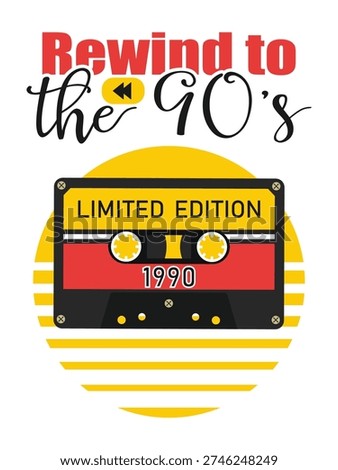 An audio cassette in front of a striped sunset in 90s style with the text Rewind to the 90s. Vector illustration for print or poster design