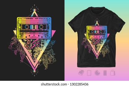 Audio cassette and graceful flowers in mystical triangle. Print for t-shirts and another, trendy apparel design 