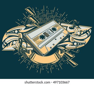 Audio cassette and graffiti arrows music design