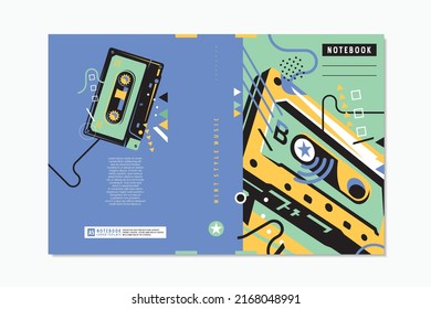 Audio cassette graphic, music template for notebook covers design. Vector layout background.