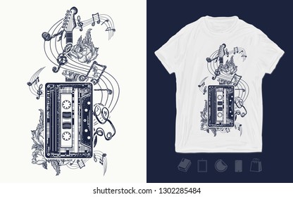 Audio cassette, guitar and music notes. Print for t-shirts and another, trendy apparel design. Retro music, nostalgia, 80th and 90th 