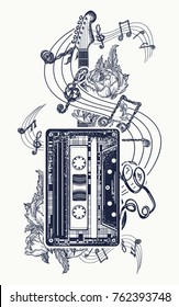 Audio cassette, guitar music notes tattoo and t-shirt design. Retro music, nostalgia, 80th and 90th 