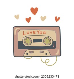Tonkassette mit Herzen Retro-Vektorgrafik. Musikkassette mit der Inschrift, die ich liebe dich. Fertige Vorlage für Design, Postkarte, Druck, Poster, Party
