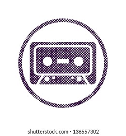 Audio cassette icon with halftone dots print texture. Macro newspaper style vector symbol.