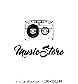 Audio Cassette icon. Music store lofo label. Retro music badge. Vintage tape. Vector illustration