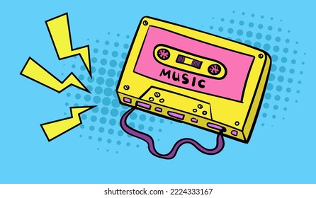 Ilustración de cinta de audio. Ilustración vectorial retro estilo funky de música mixtape estéreo. Arte vectorial al estilo de los años 90. 