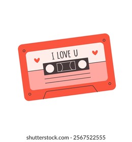 Audio cassette with love songs. Portable music device. Vector illustration in flat style