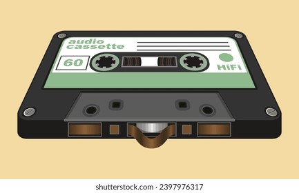 An audio cassette lying on a horizontal surface. Isometric image. Vector illustration