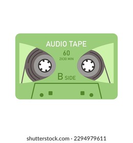 Audio cassette with magnetic tape. 80s and 90s element. Isolated vector illustration in flat cartoon style.