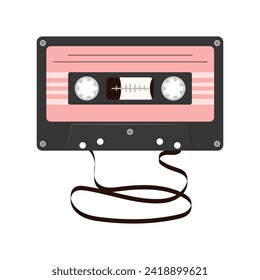 Audio cassette with magnetic tape flat vector illustration