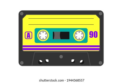 Audio cassette with magnetic tape. Cassette in vector, isolated from white background. Object popular in the 80s and 90s. Colorful image.