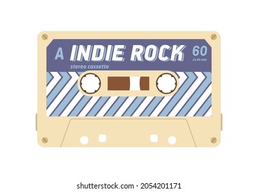 Audio cassette with mix tape of indie music records. Magnetic stereo casette of 80s. Retro analogue mixtape. Compact audiocassette. Flat vector illustration of audiotape isolated on white background