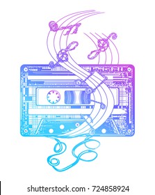 Audio cassette and music notes. Symbol of retro music, nostalgia, 80th and 90th tattoo and t-shirt design 