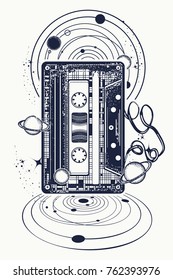 Audio cassette, music notes and universe tattoo and t-shirt design. Symbol of retro nostalgia, 80th and 90th, disco t-shirt design 