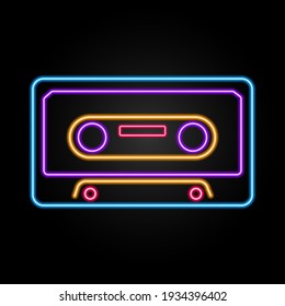 Audio cassette neon sign, modern glowing banner design, colorful modern design trend on black background. Vector illustration.