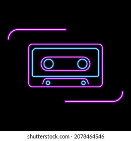 Audio cassette neon sign, modern glowing banner design, colorful modern design trends on black background. Vector illustration.