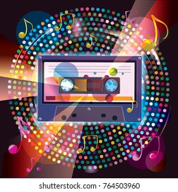 Audio cassette  with notes on funky modern musical background