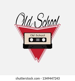 Audio cassette on abstract background with text Old school. Logo, print, sticker, emblem. Isolated vector illustration.