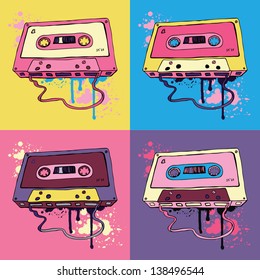 Audio cassette on color background.  Oldschool Vector illustration. Retro cassette tape.