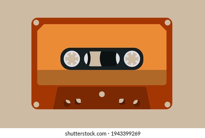 Audio cassette on magnetic tape. Orange cassette in vector, isolated from background. Object popular in the 80s and 90s.