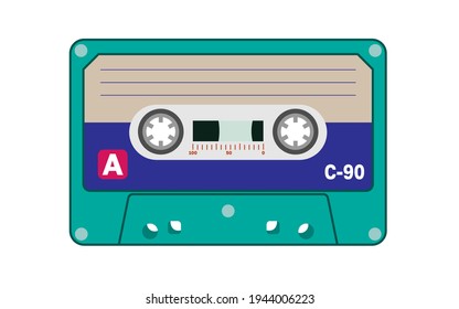 Audio cassette on magnetic tape. Cassette in vector, isolated from white background. Object popular in the 80s and 90s. Colorful image.
