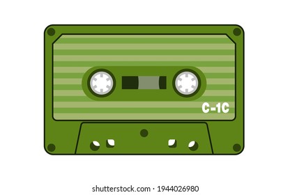 Audio cassette on magnetic tape. Green cassette in vector, isolated from white background. Object popular in the 80s and 90s.