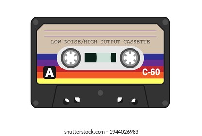 Audio cassette on magnetic tape. Cassette in vector, isolated from white background. Object popular in the 80s and 90s. Colorful image.