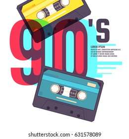 Audio Cassette On Red Background. Retro Music 90s. Vector Illustration.