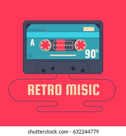 Audio cassette on red background. Retro music 90s. Vector illustration.