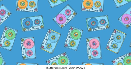 Audio cassette pattern. 2000s audio cassette. Y2k wallpaper. CD disk for boombox. Retro background. Nostalgia for the 90s and 2000s.
