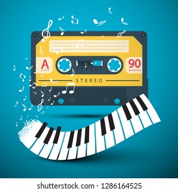 Audio Cassette with Piano Keyboard and Notes on Blue Background. Vector Music Design for Covers and Posters.