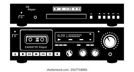 Audio Cassette Player and CD Player Silhouettes. Vintage analog audio equipment. Vector cliparts isolated on white.