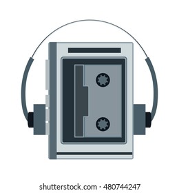 Audio cassette player. Retro music gadget from 21-st century. Old musical device vector illustration. Tape stereo walkman recorder with headphones and radio