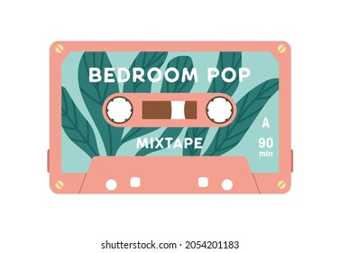 Audio Cassette With Pop Music Records. Retro Magnetic Mixtape. Old Analog Tape Casette. Compact Audiocassette Of 80s. Colored Flat Vector Illustration Of Obsolete Object Isolated On White Background